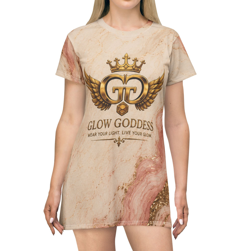 Glow Goddess Marble T-Shirt Dress — "Glow Goddess" Logo AOP