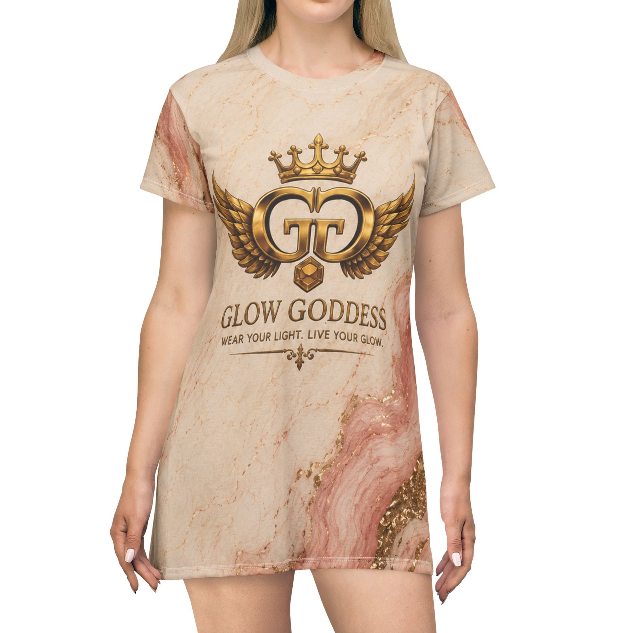 Glow Goddess Marble T-Shirt Dress — "Glow Goddess" Logo AOP