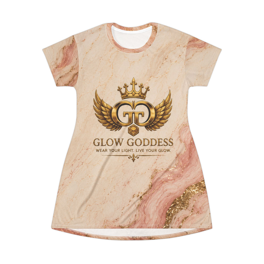 Glow Goddess Marble T-Shirt Dress — "Glow Goddess" Logo AOP