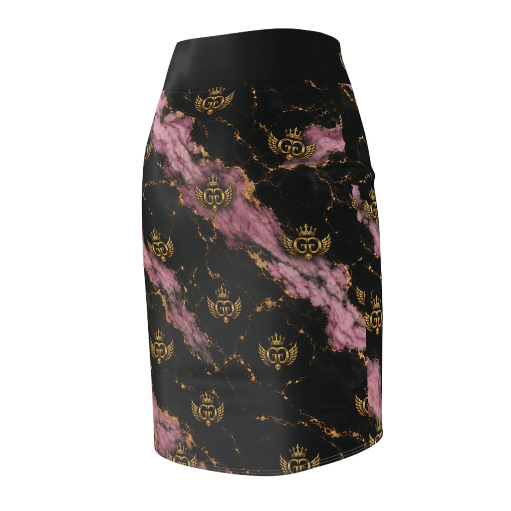 GLOW GODDESS Marble Pencil Skirt — Pink & Gold Luxe