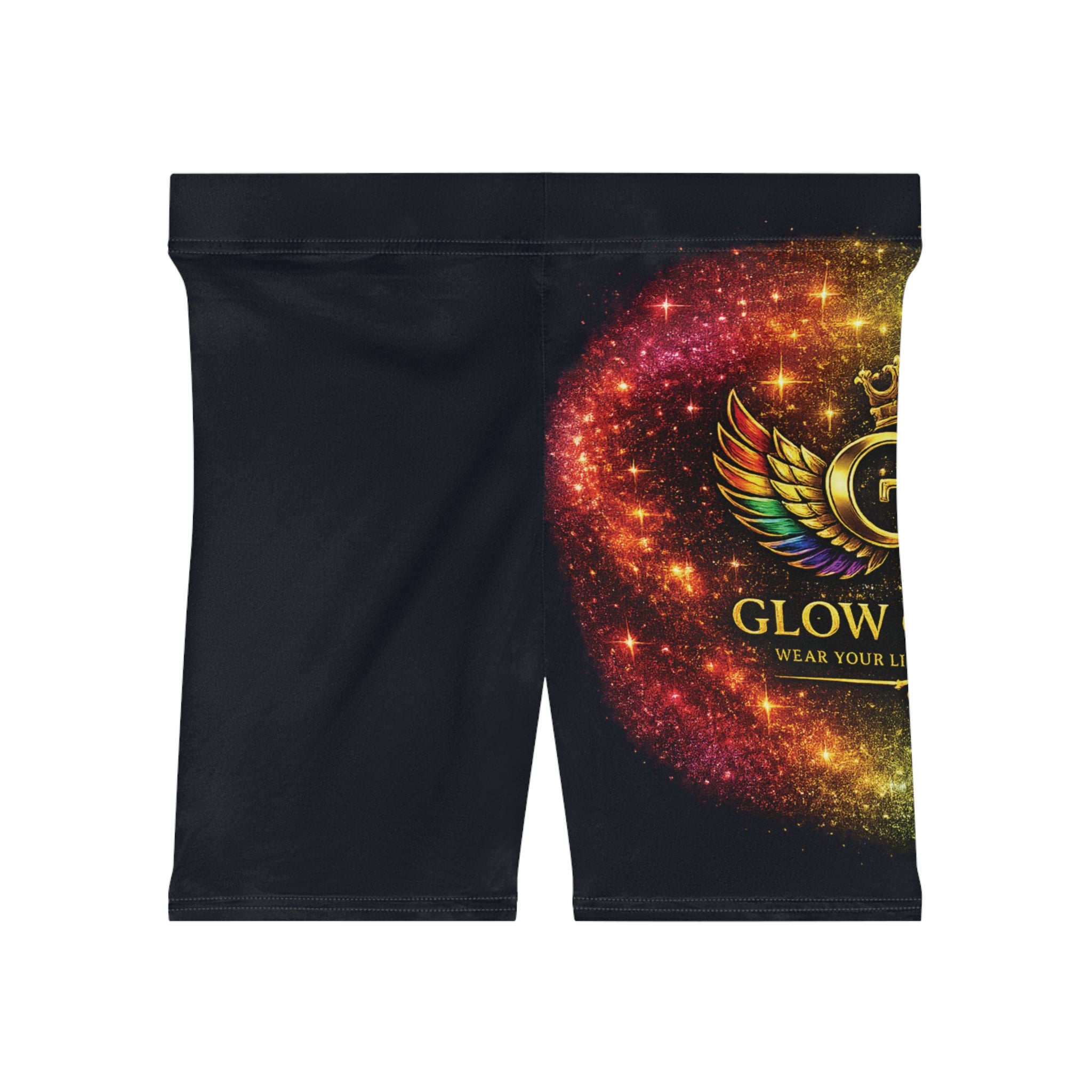 Goddess Glow Biker Shorts — Rainbow Wing Crest Activewear
