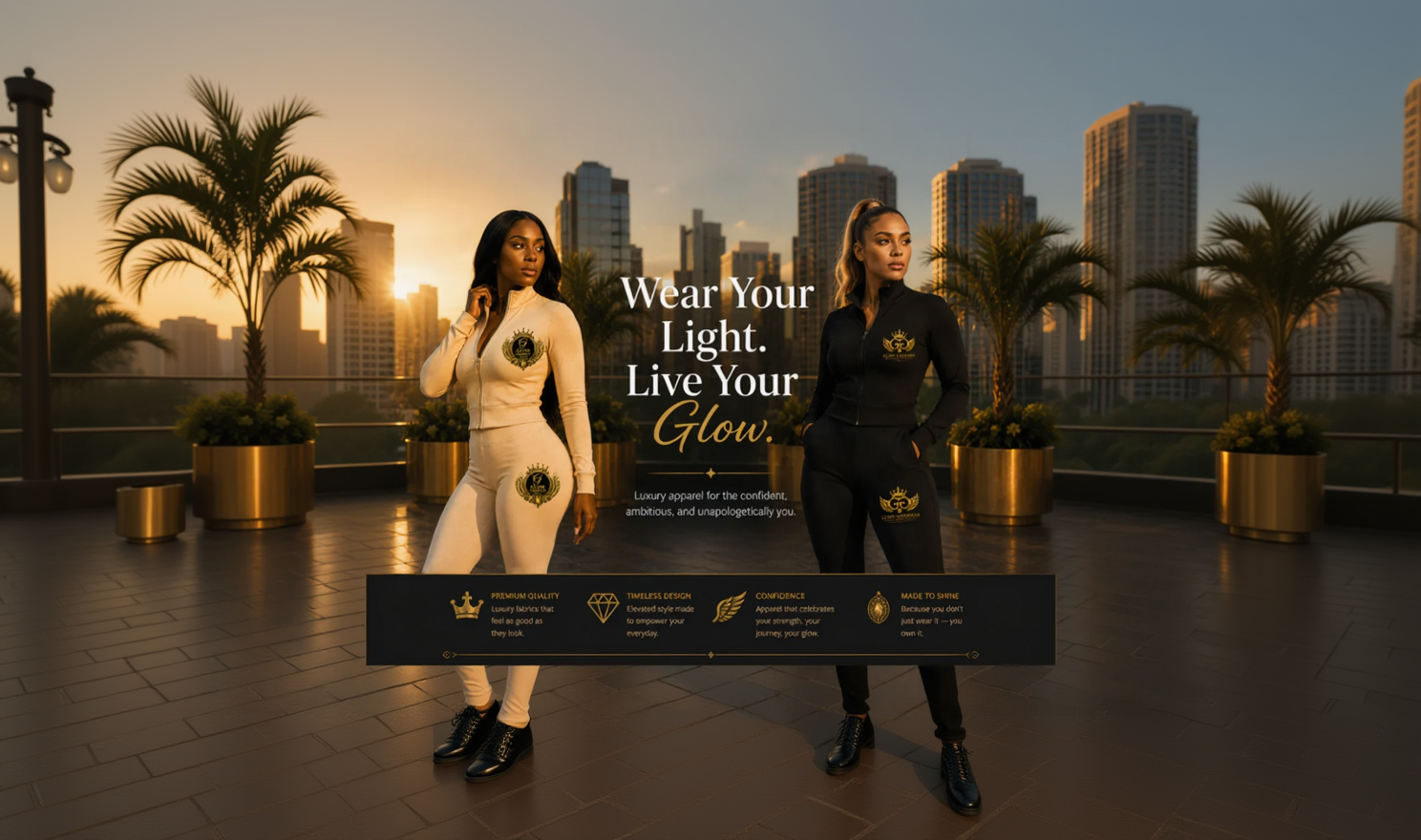 Two women modeling luxury apparel in a city setting at sunset. One wears a cream matching set with a gold crest logo, and the other wears a black matching set with a gold crest logo.